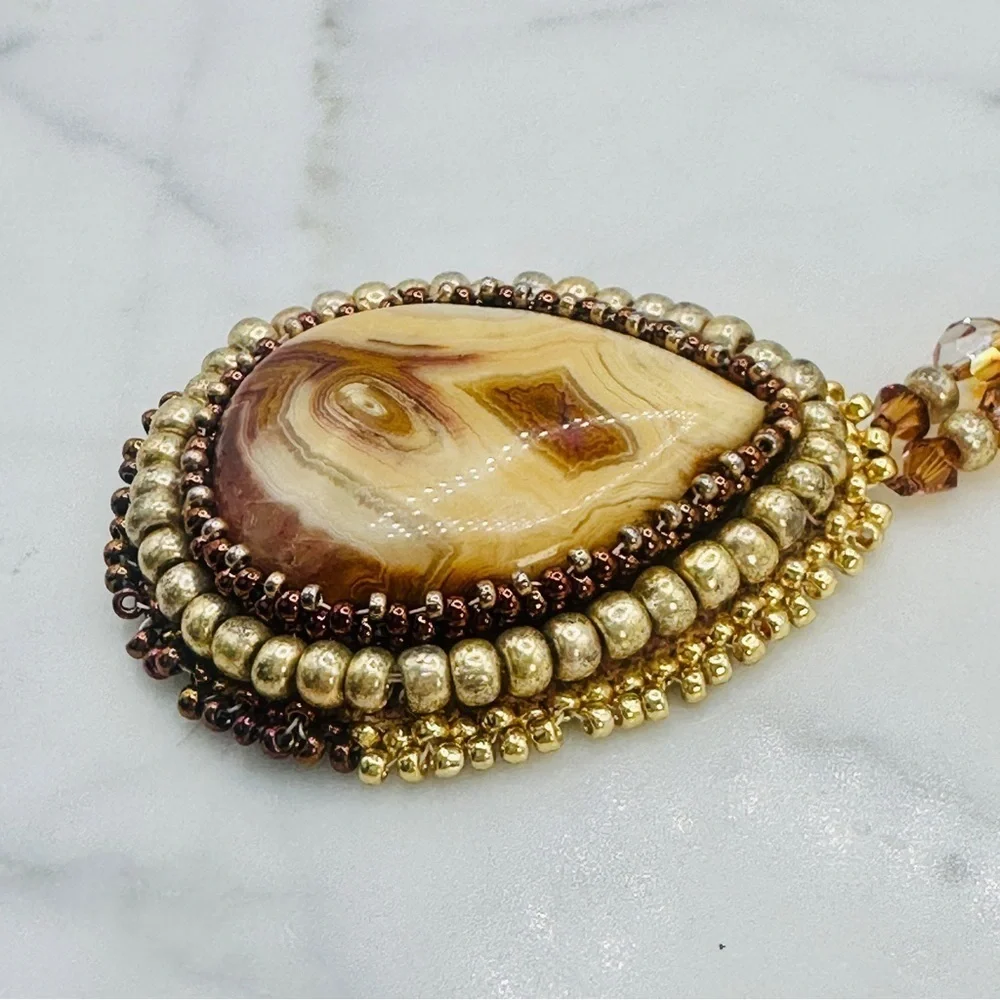 Vintage Stone Pendant Necklace Embroidery Bead Edge Leather Back 25” Long 70s
